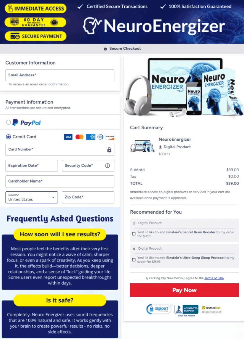 neurroenergizer Checkout page